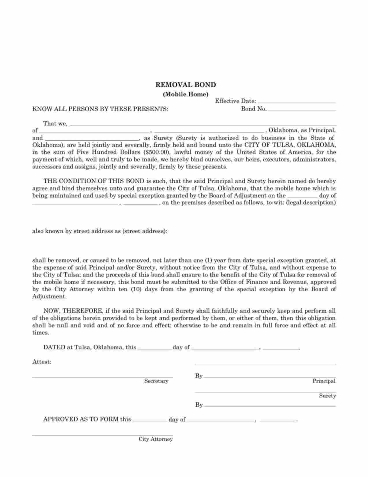 Oklahoma Mobile Home Removal Bond Form