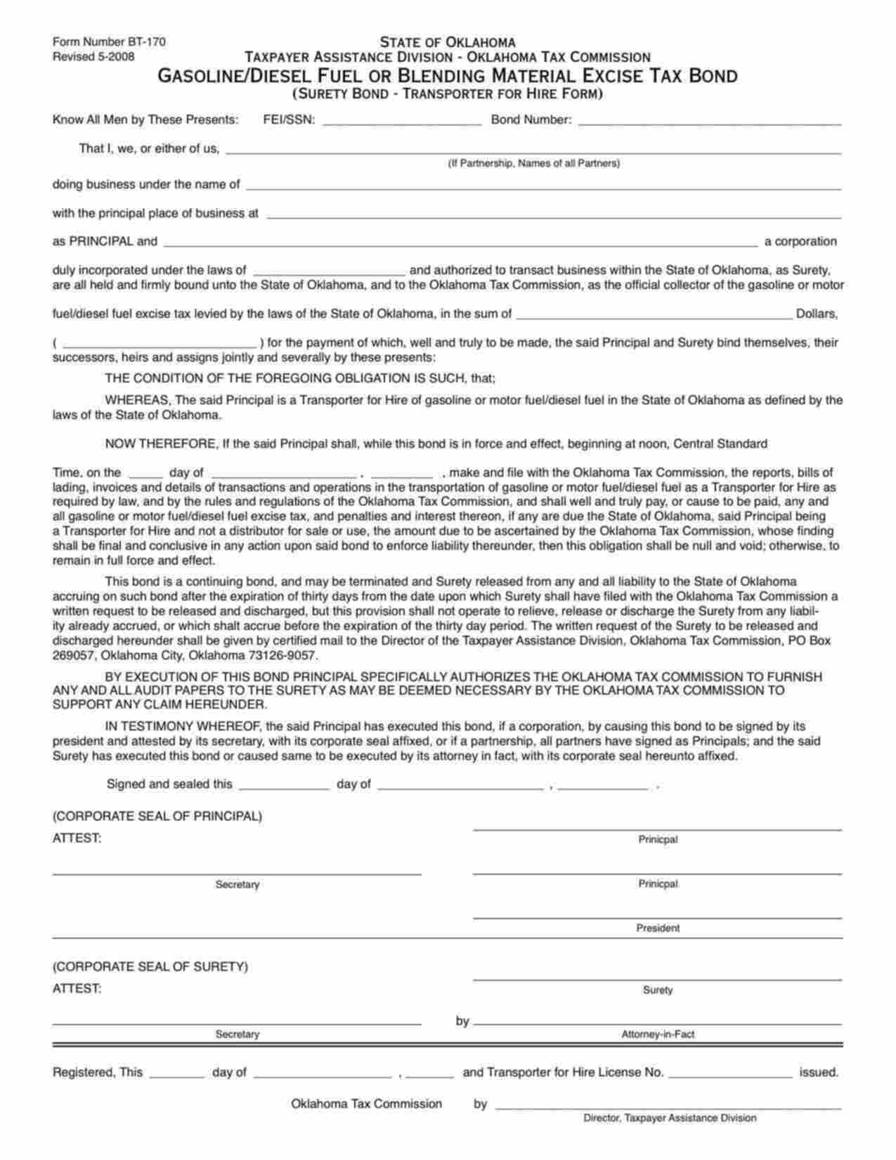 Oklahoma Gasoline/Diesel Fuel or Blending Material Excise Tax (BT-170) Bond Form