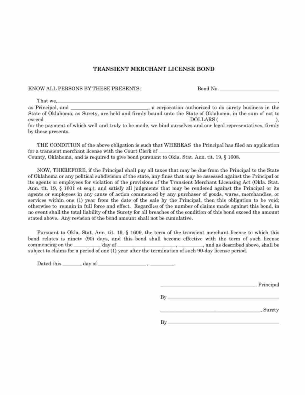 Oklahoma Transient Merchant License Bond Form