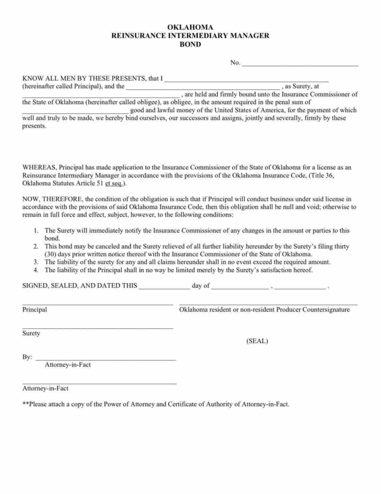 Oklahoma Reinsurance Intermediary Manager Bond Form