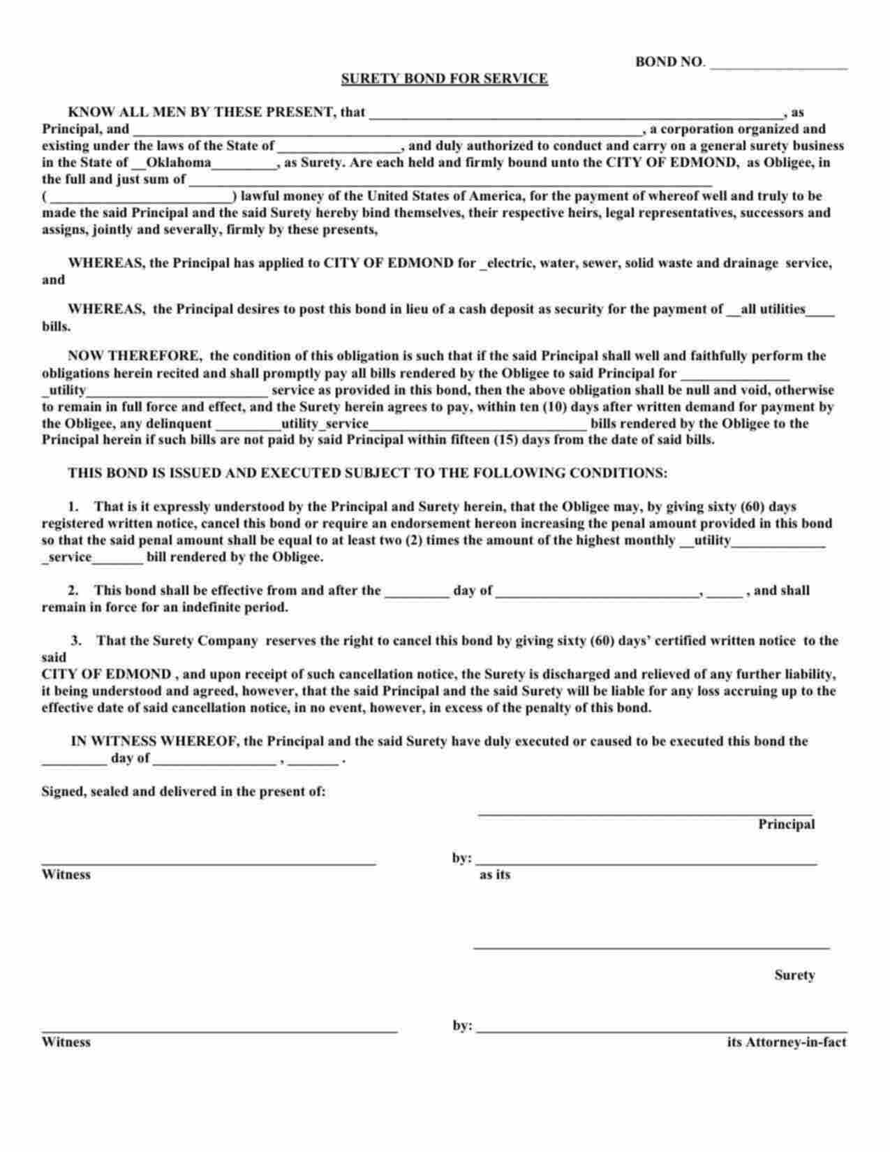 Oklahoma Utility Deposit Bond Form