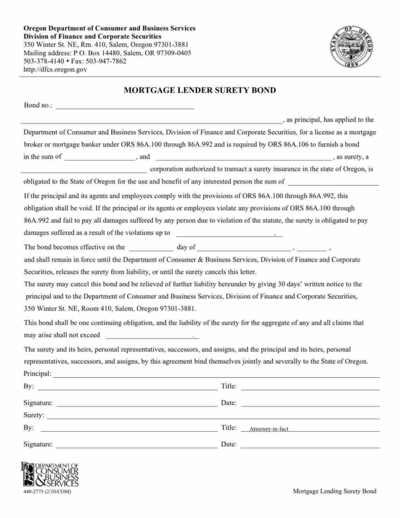 Oregon Consumer Finance License Bond Form