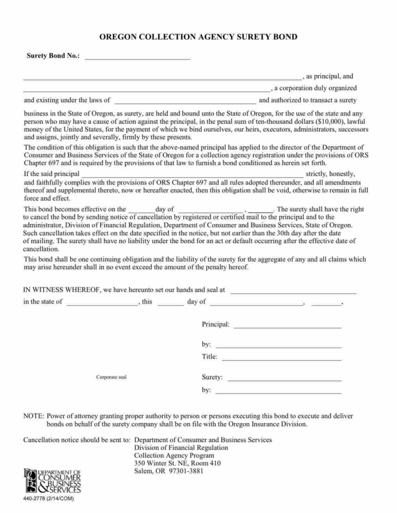 Oregon Collection Agency Registration Bond Form