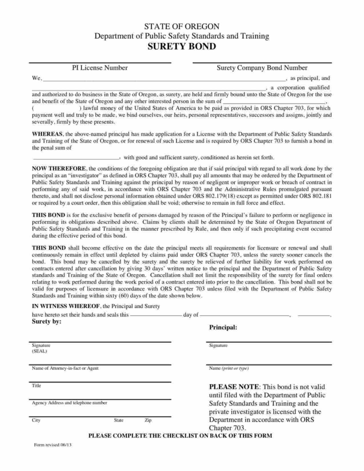 Oregon Private Investigator Bond Form