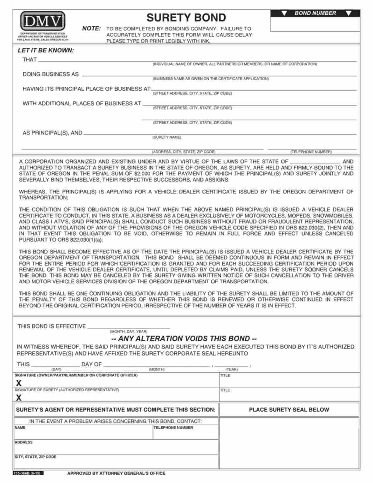 Oregon Motorcycle, Mopeds, Snow Mobiles and Class I ATV's Dealer Bond Form