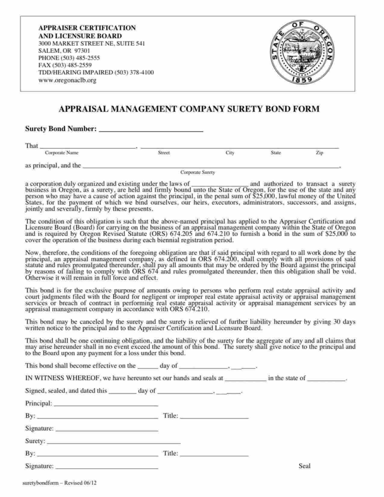 Oregon Appraisal Management Company Bond Form