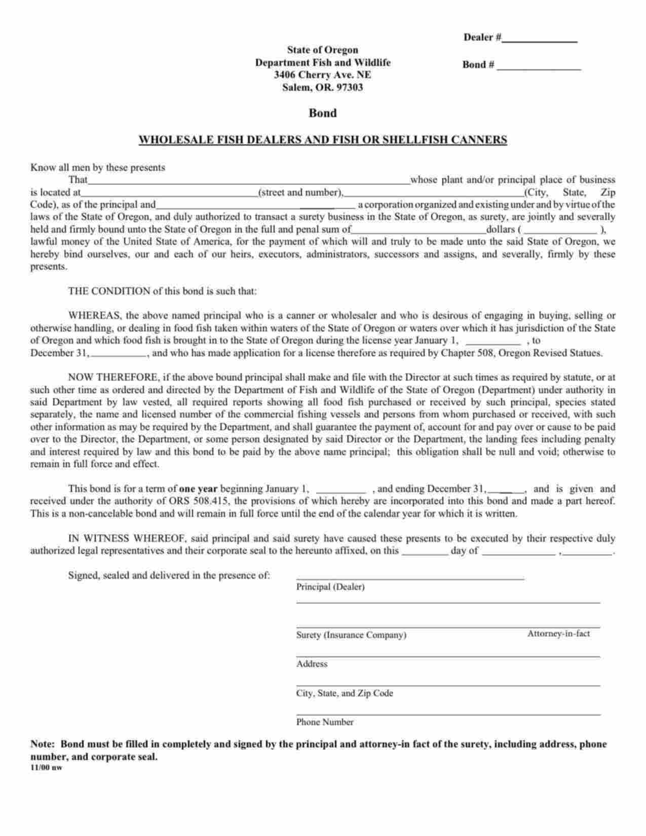 Oregon Wholesale Fish Dealers and Fish or Shellfish Canners Bond Form