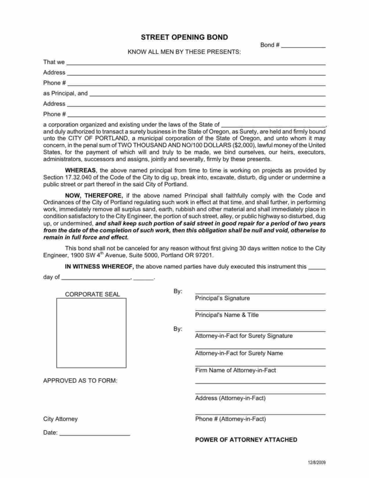 Oregon Street Opening Bond Form