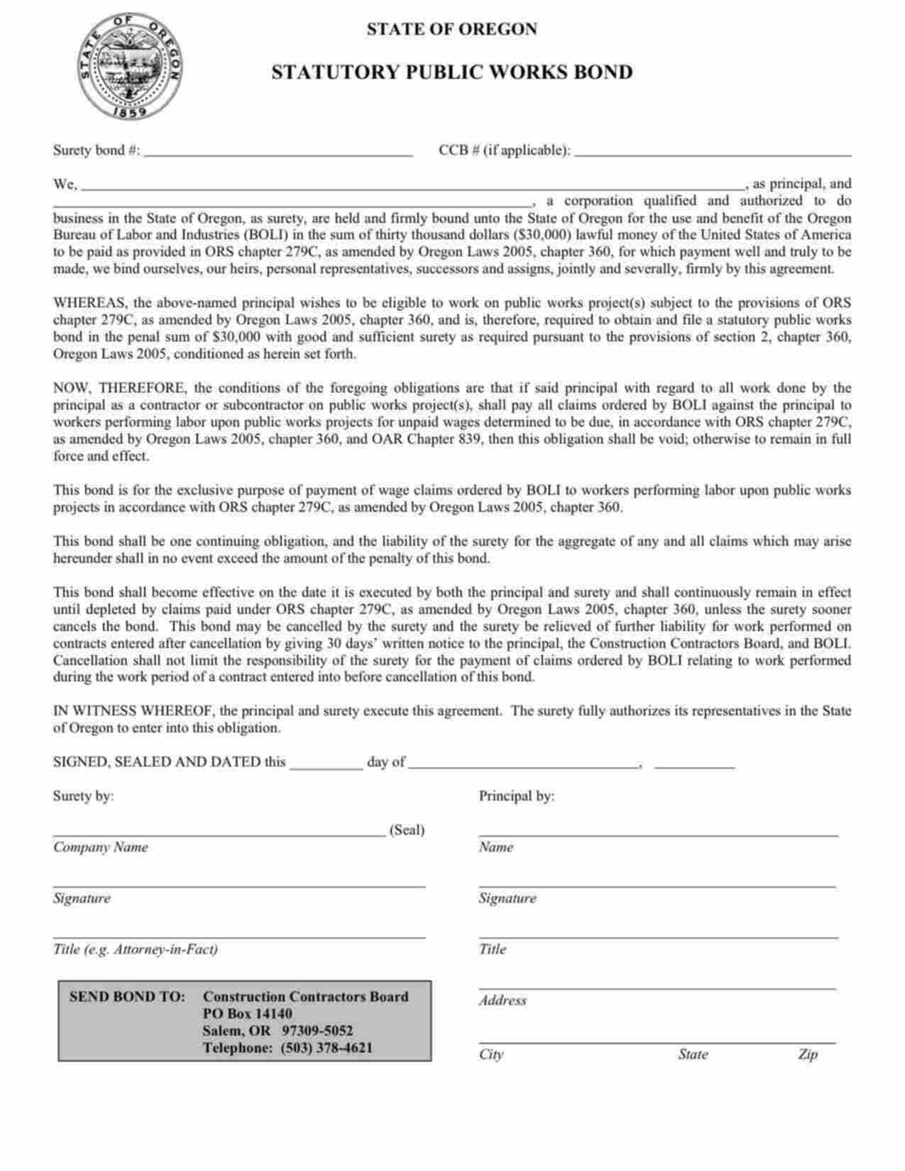 Oregon Statutory Public Works Bond Form