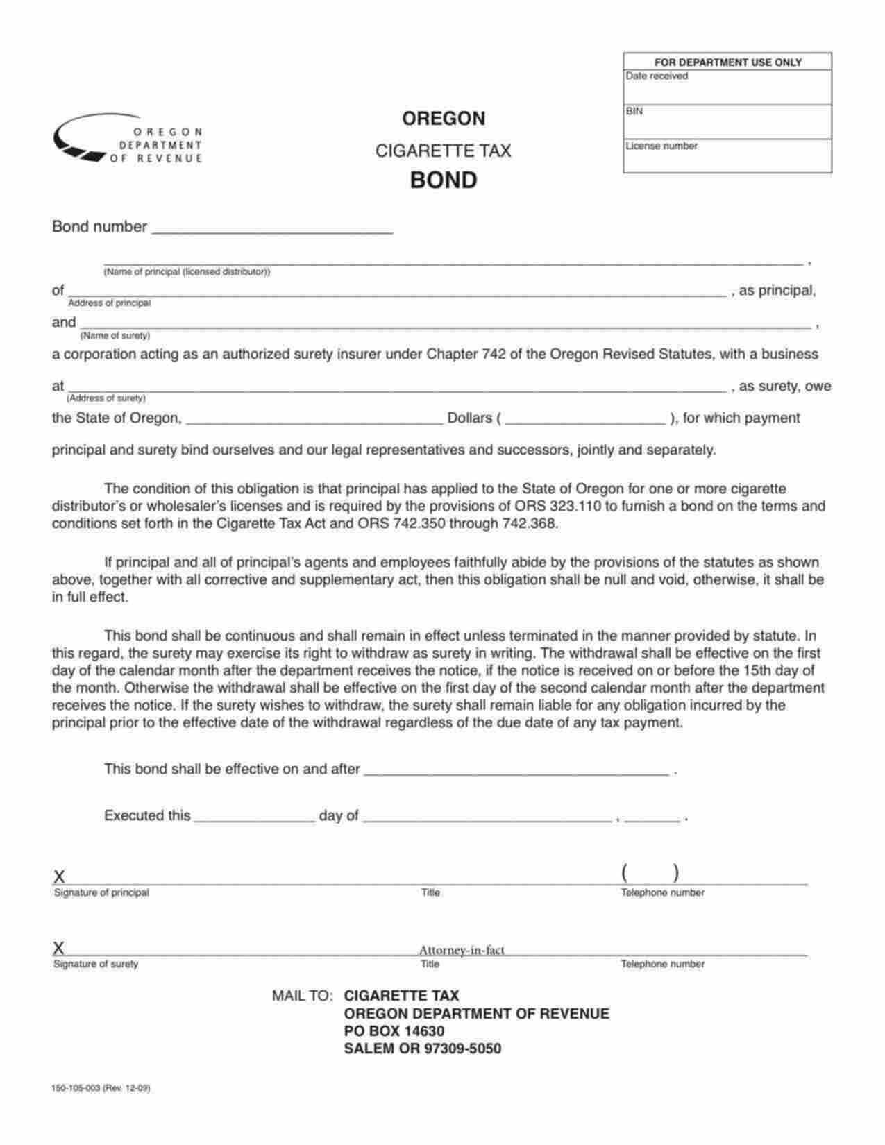 Oregon Cigarette Tax Bond Form