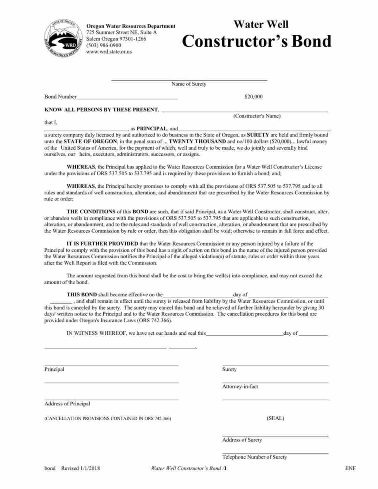 Oregon Water Well Constructor Bond Form