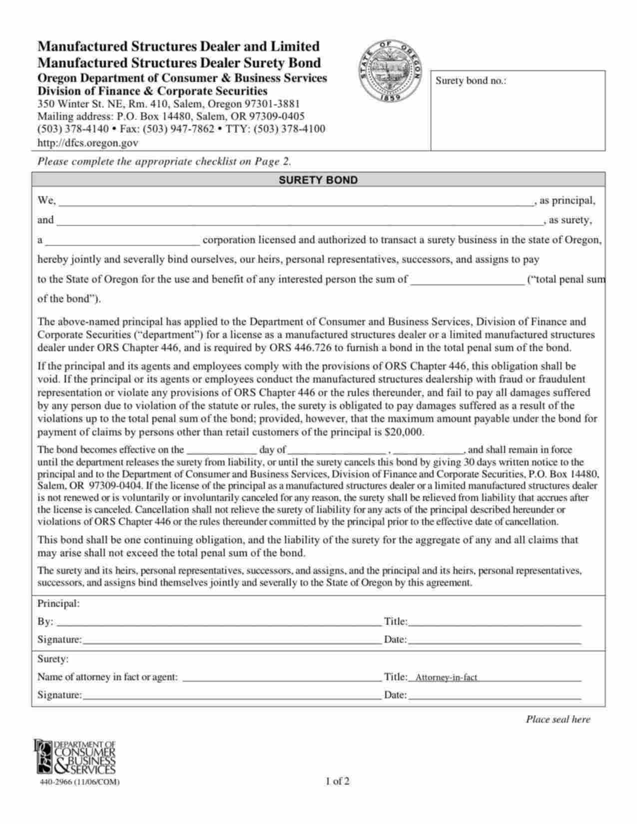 Oregon Manufactured Structures Dealer Bond Form