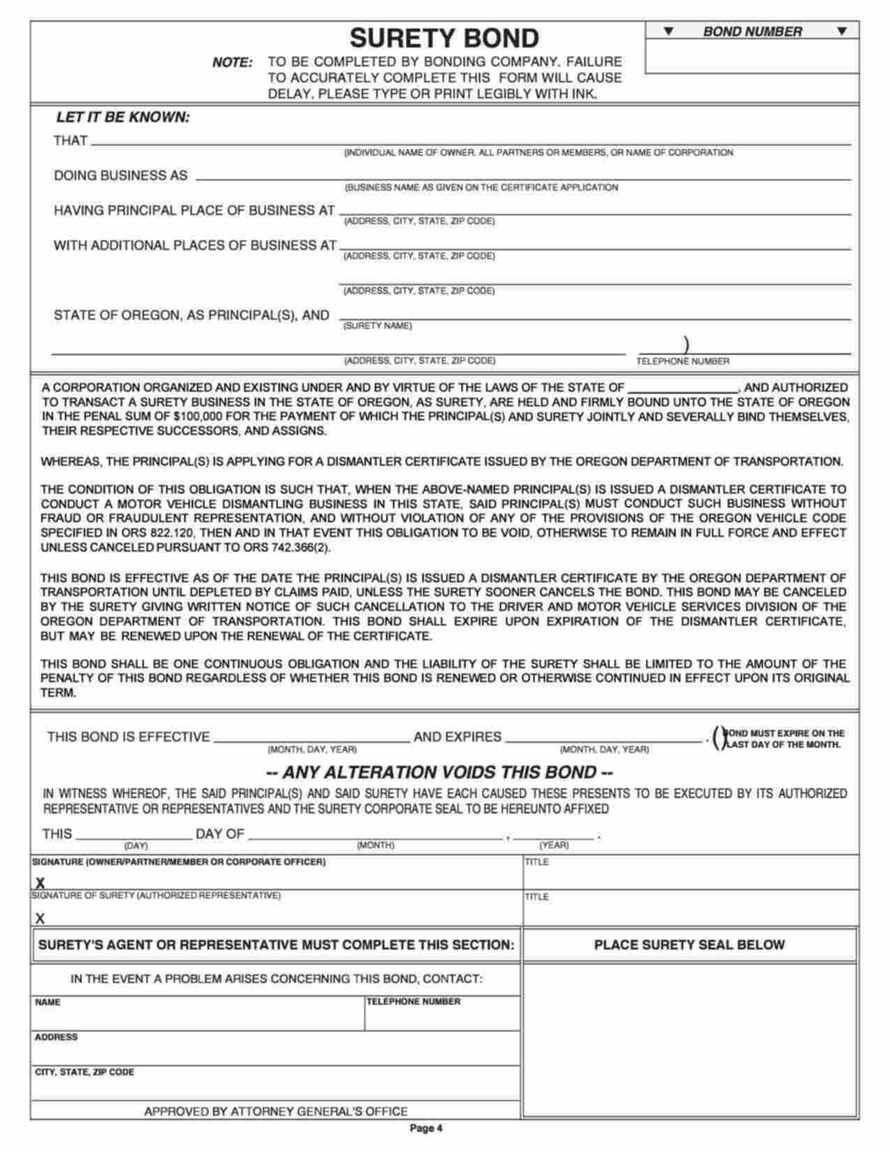 Oregon Motor Vehicle Dismantler Bond Form