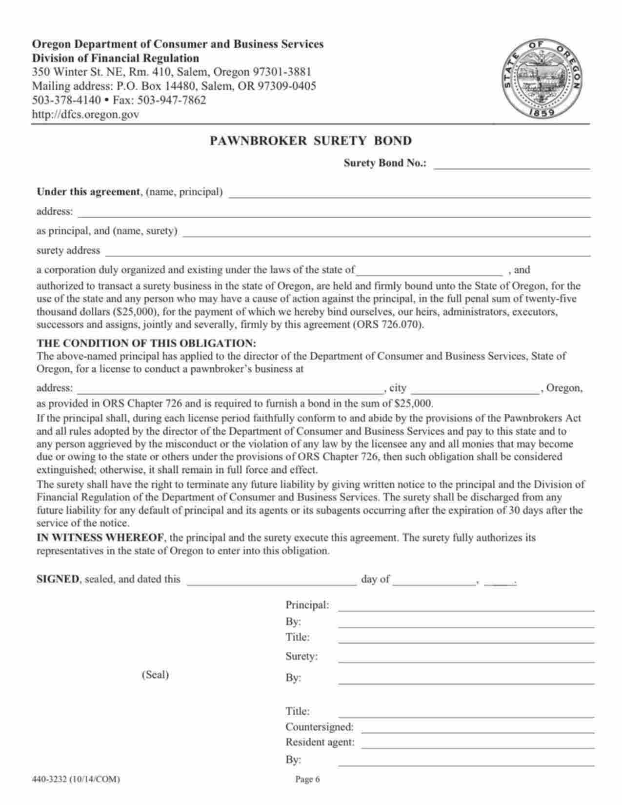 Oregon Pawnbroker Bond Form