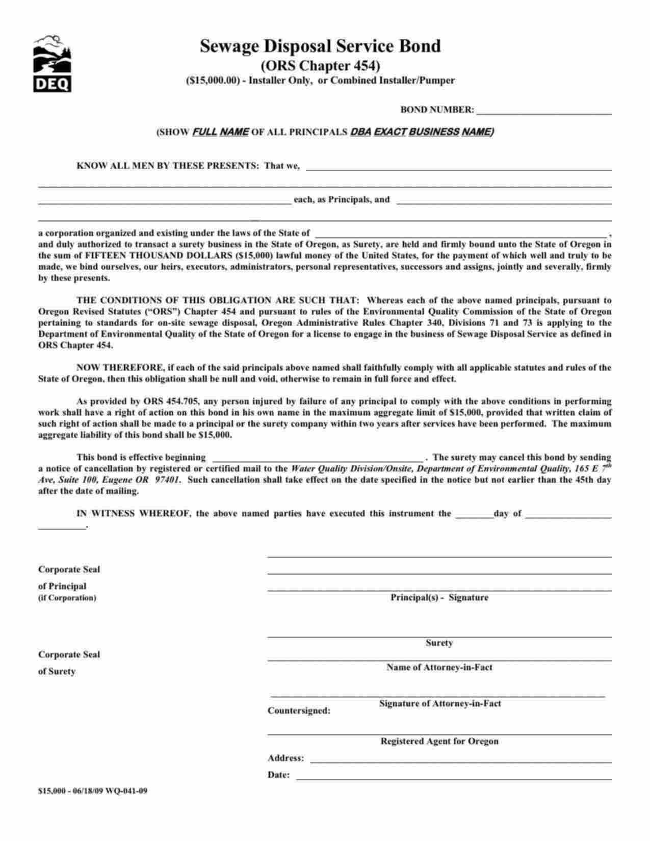 Oregon Sewage Disposal Service: Installer Only or Combined Installer/Pumper Bond Form