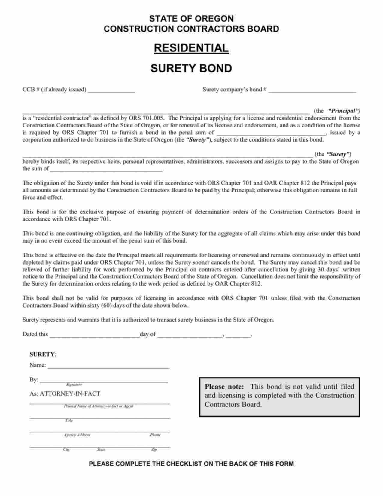 Oregon Contractor License Bond Form