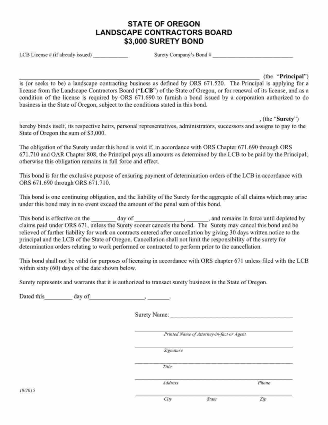 Oregon Landscape Contractor Bond Form