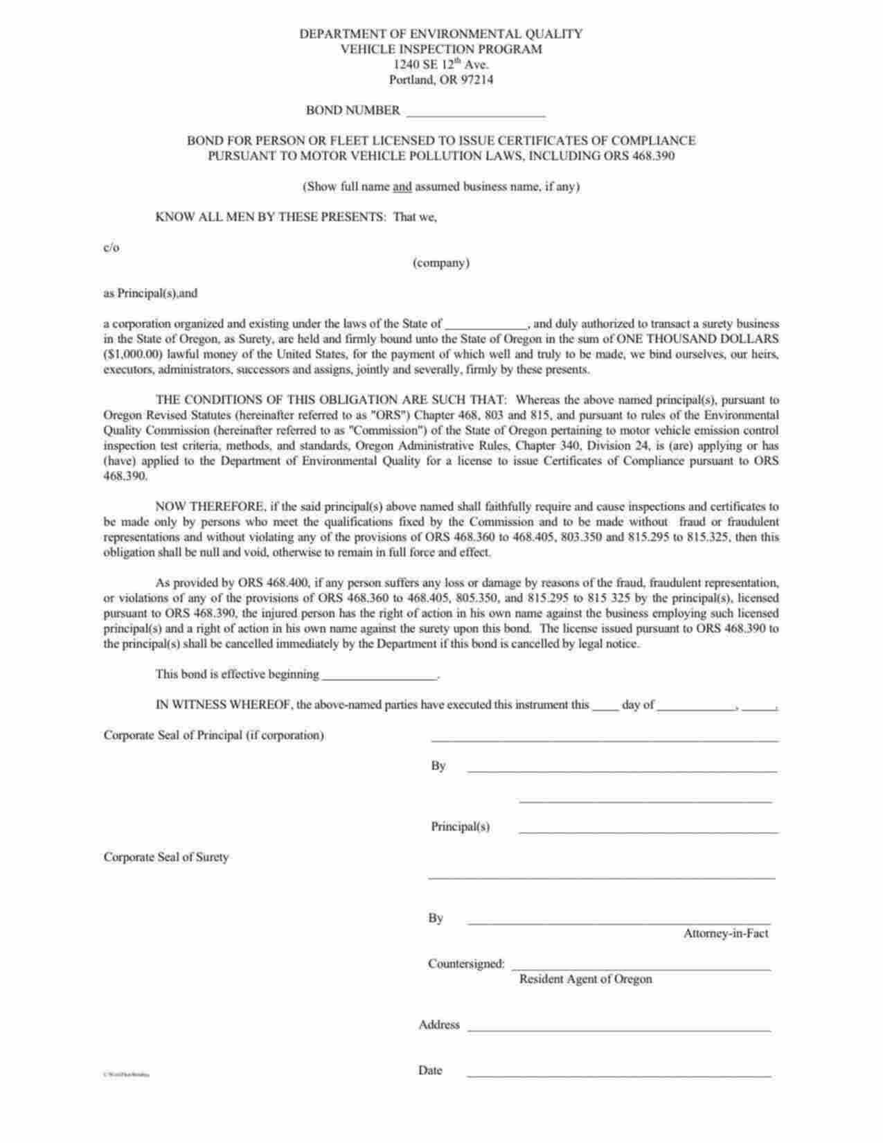 Oregon Motor Vehicle Inspection Bond Form