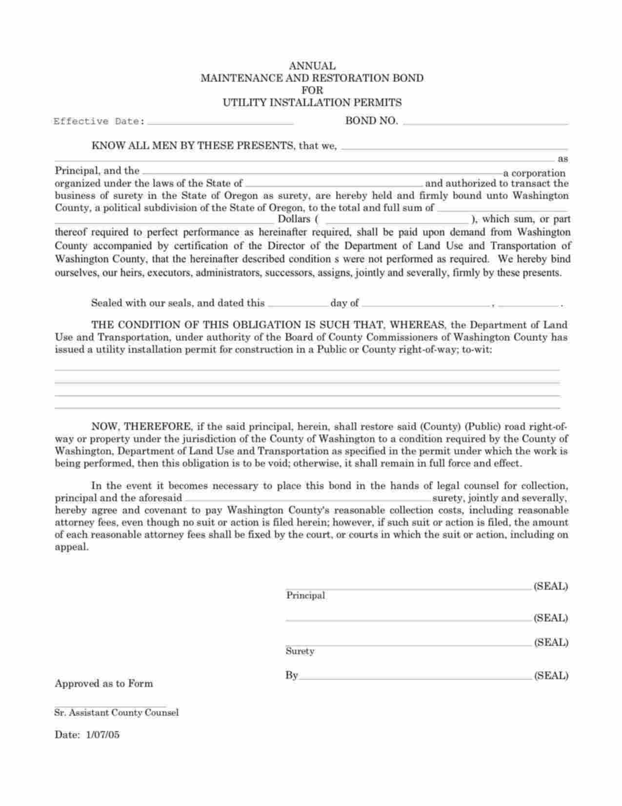 Oregon Utility Installation Permit Bond Form