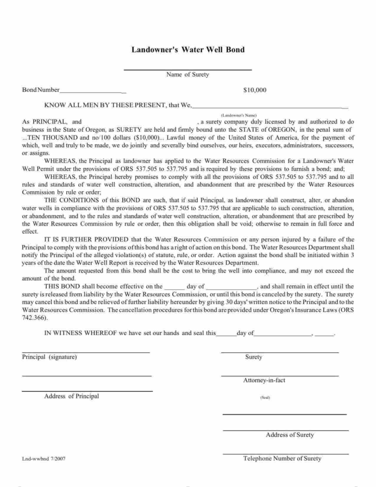 Oregon Landowner's Water Well Bond Form