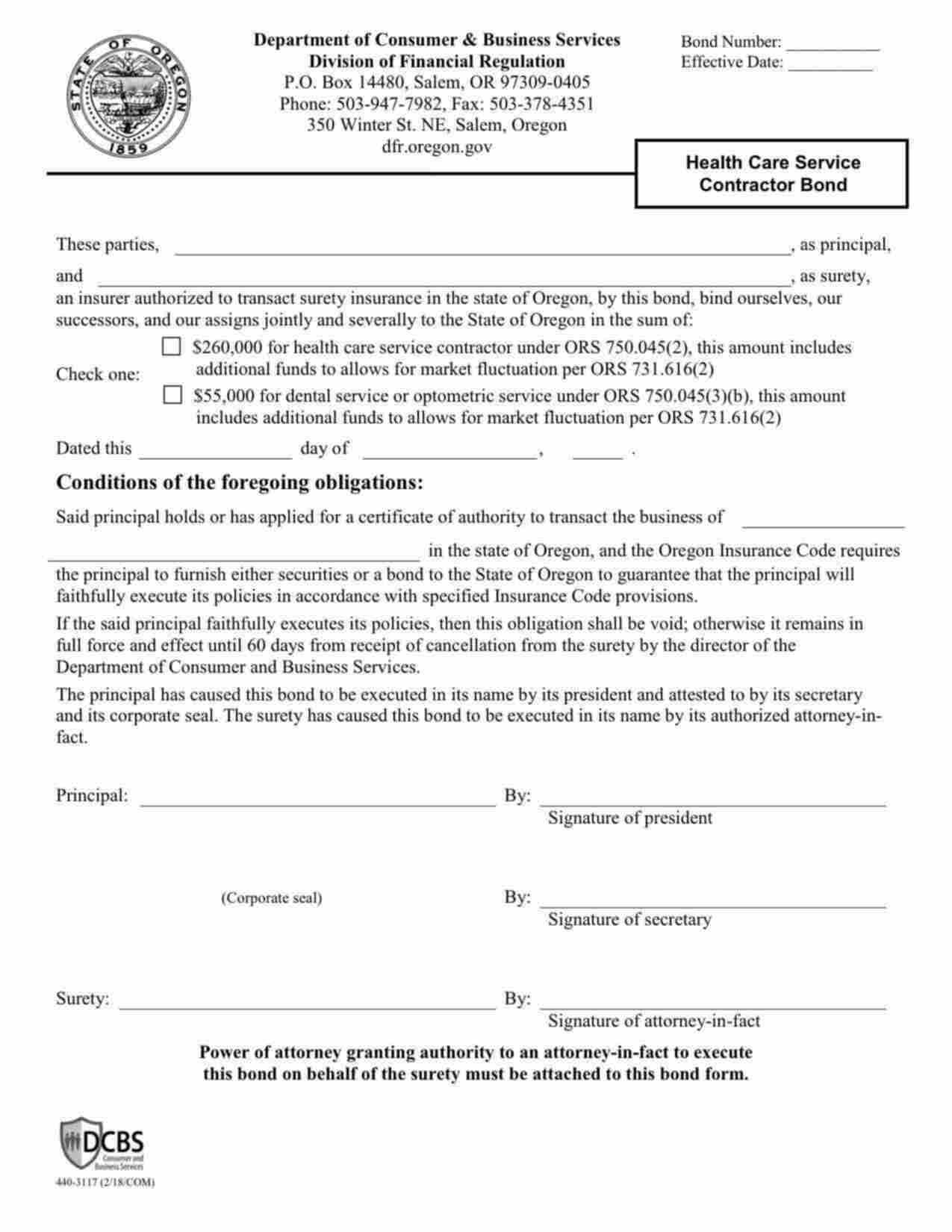 Oregon Health Care Service Contractor Bond Form