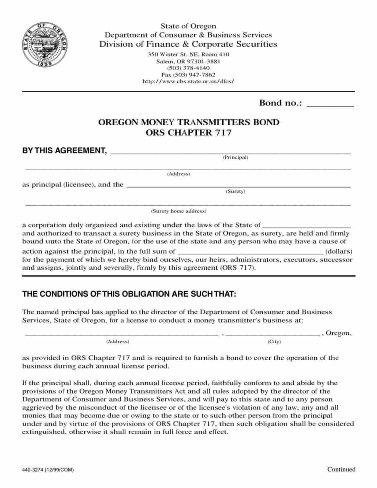 Oregon Money Transmitter Bond Form