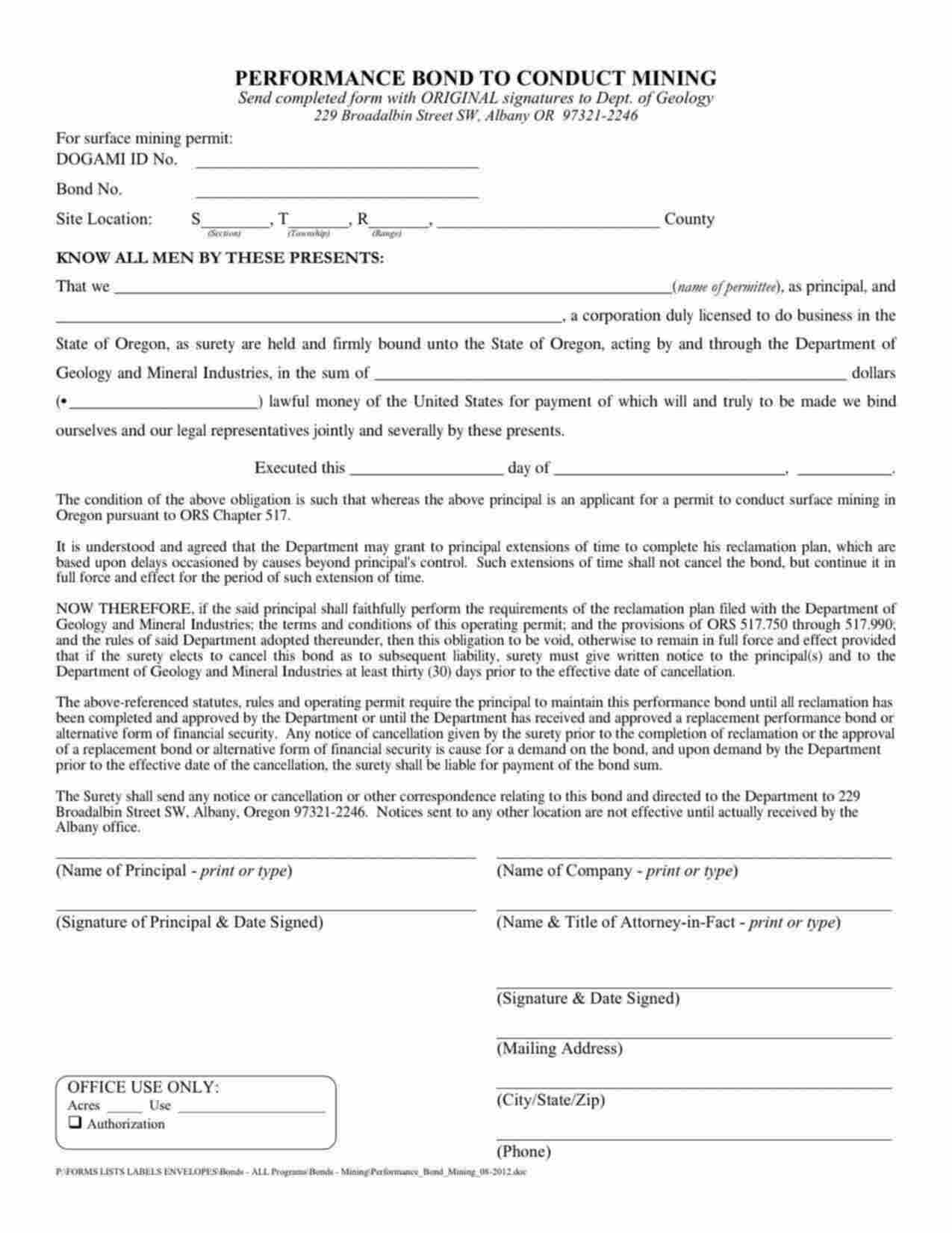 Oregon Surface Mining Permit Bond Form