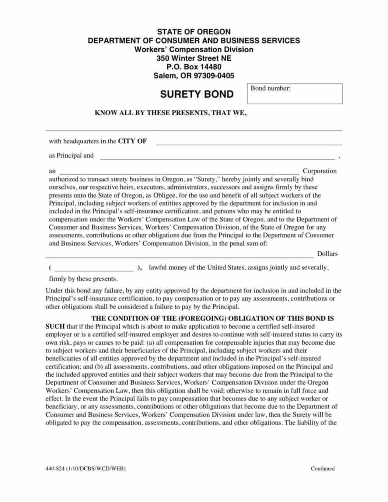 Oregon Certified Self-Insured Employer (Workers Compensation) Bond Form