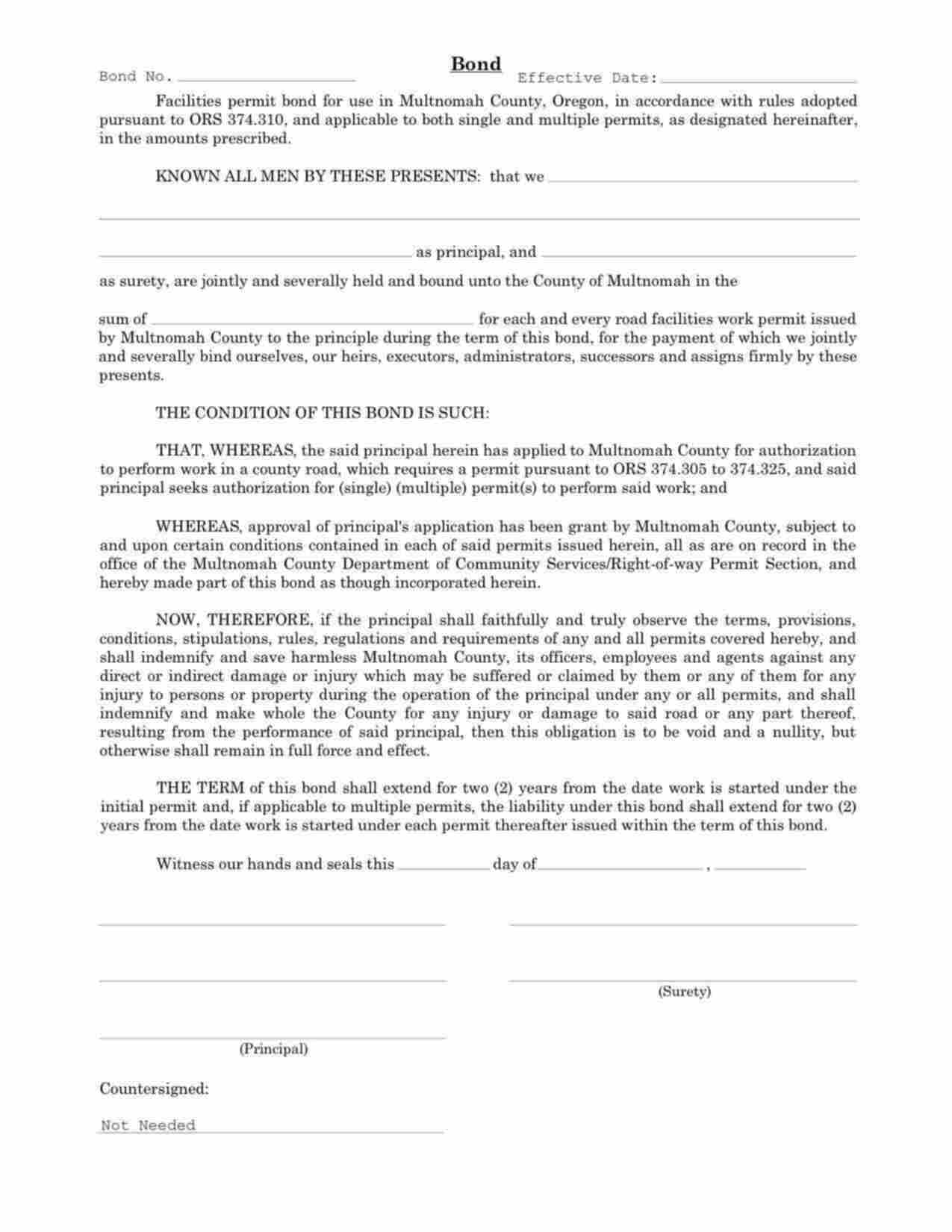 Oregon Road Facilities Work Permit Bond Form