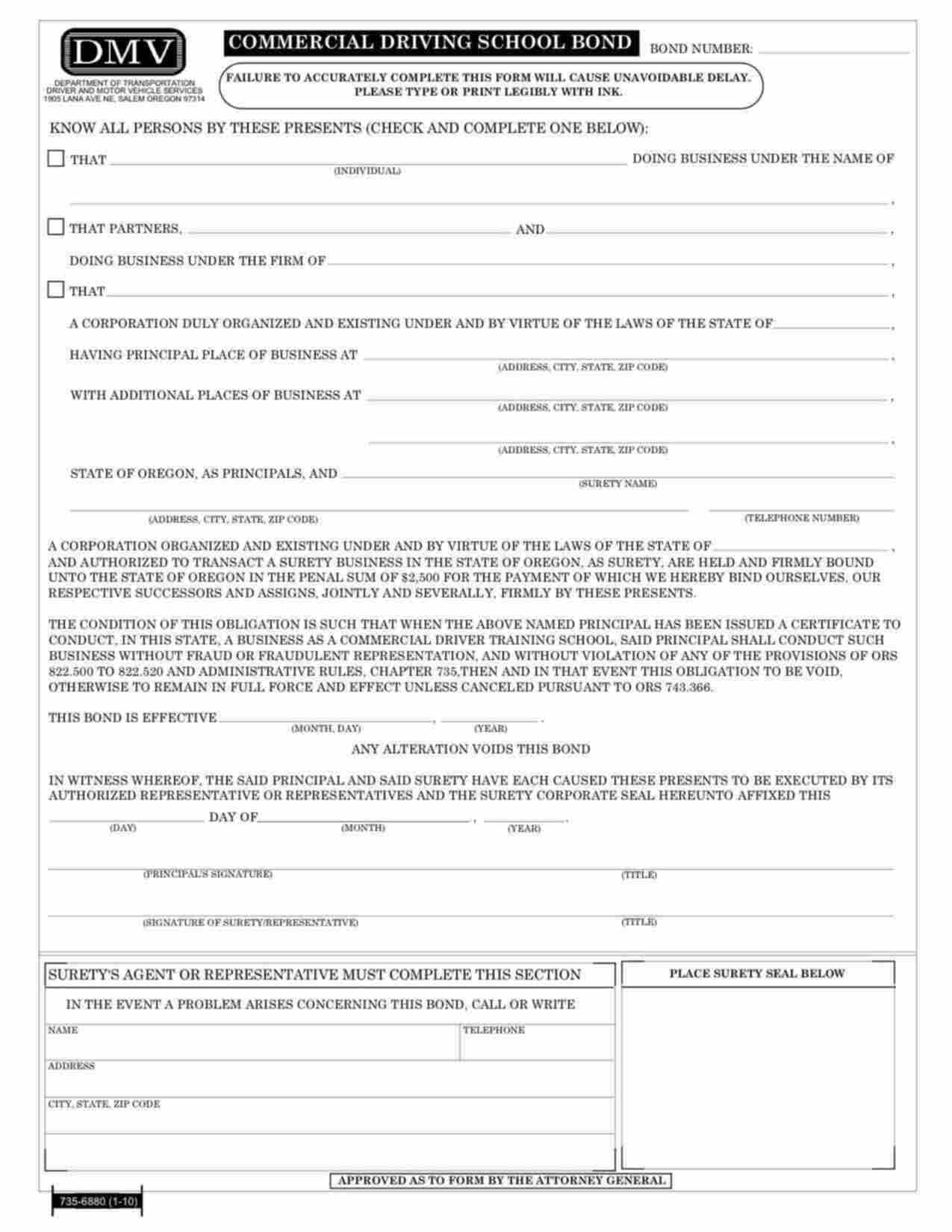 Oregon Commercial Driving School - Corporation Bond Form