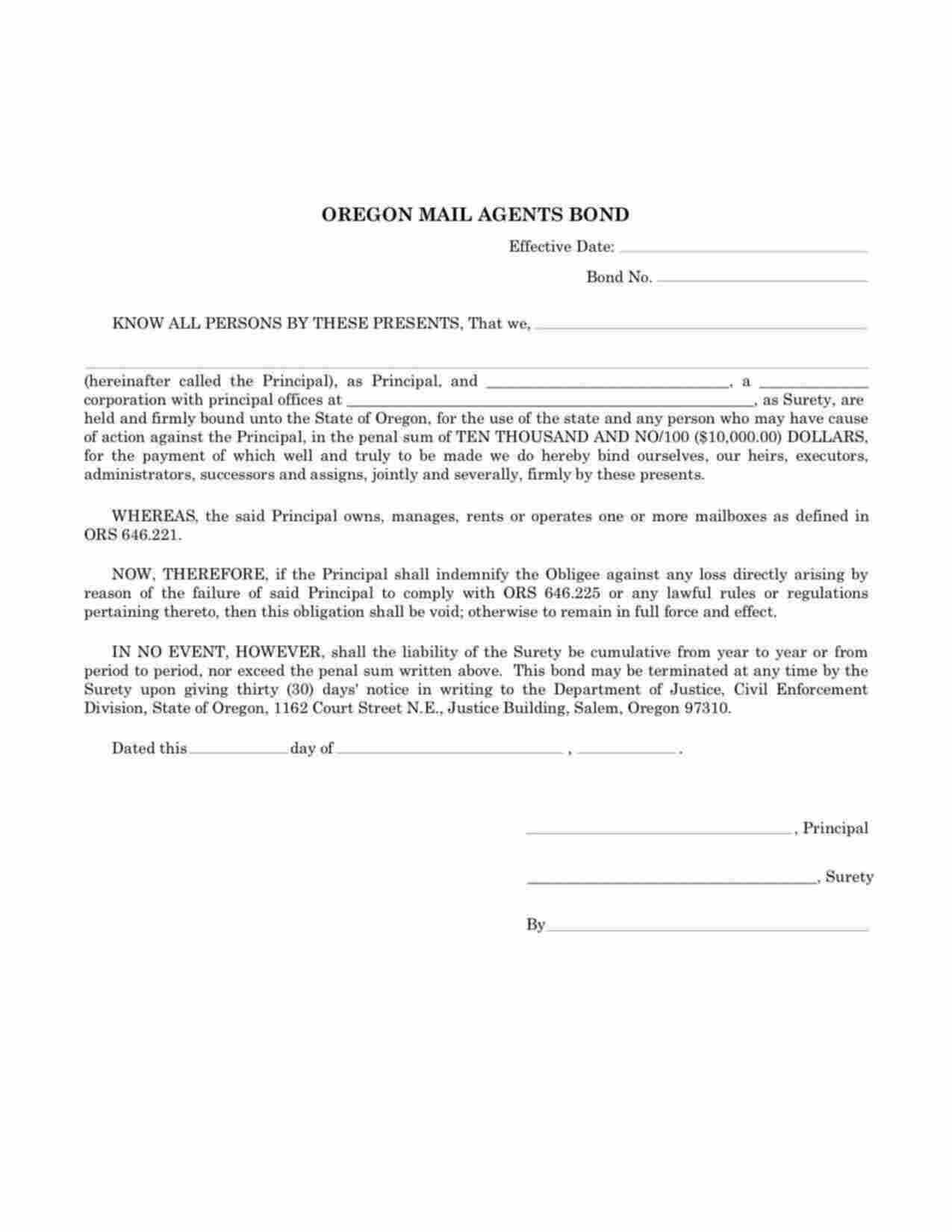 Oregon Mail Agent Bond Form