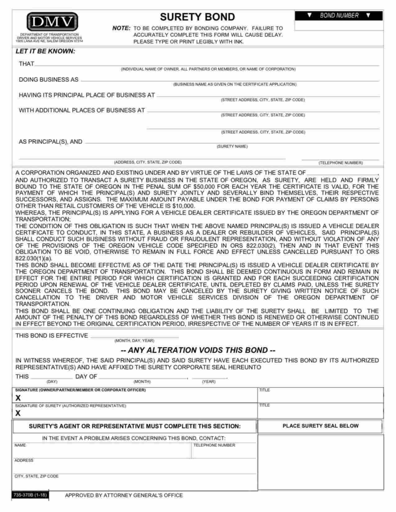 Oregon Motor Vehicle Dealer Bond Form