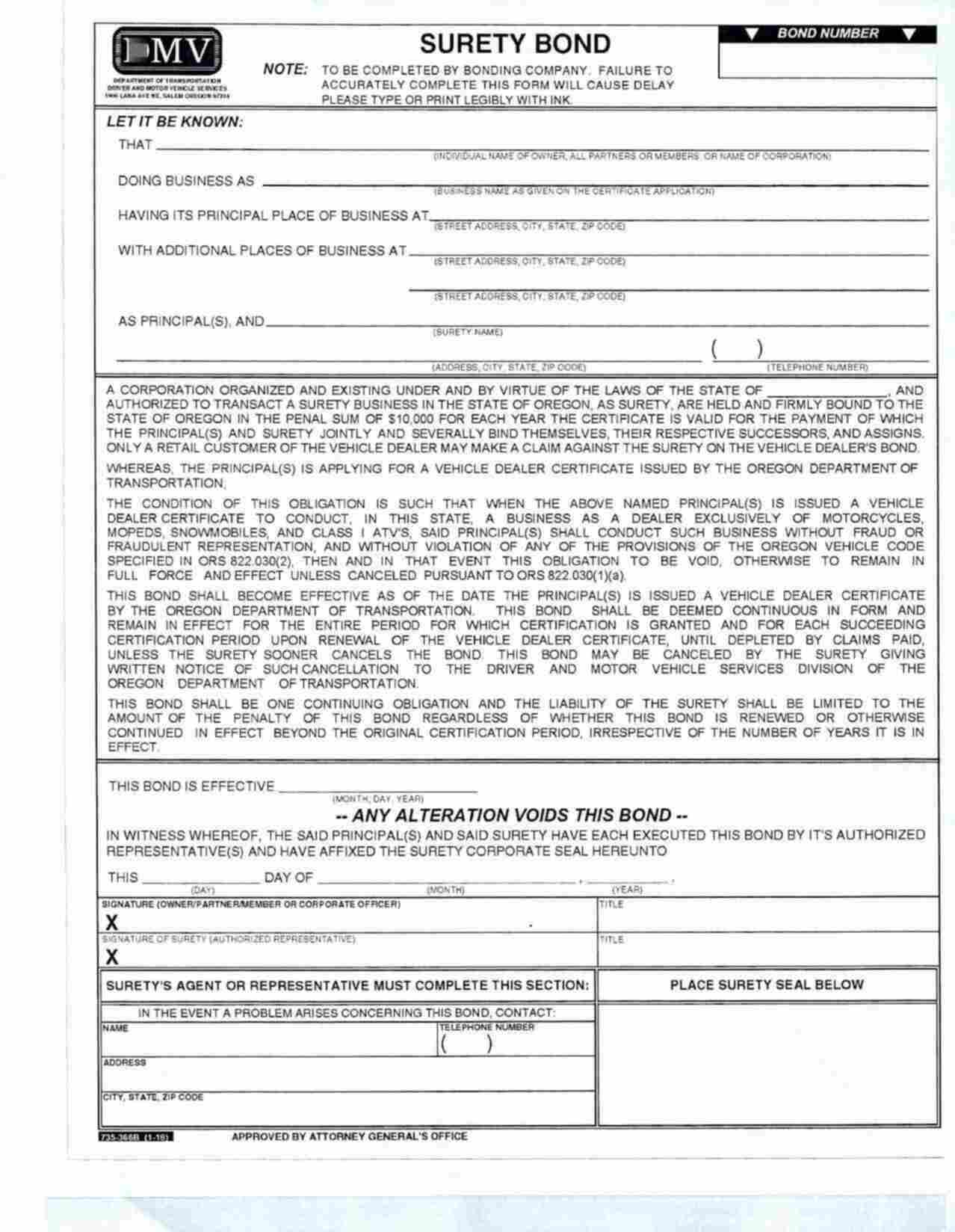 Oregon Motorcycle, Mopeds, Snow Mobiles and Class I ATV's DEALER Bond Form