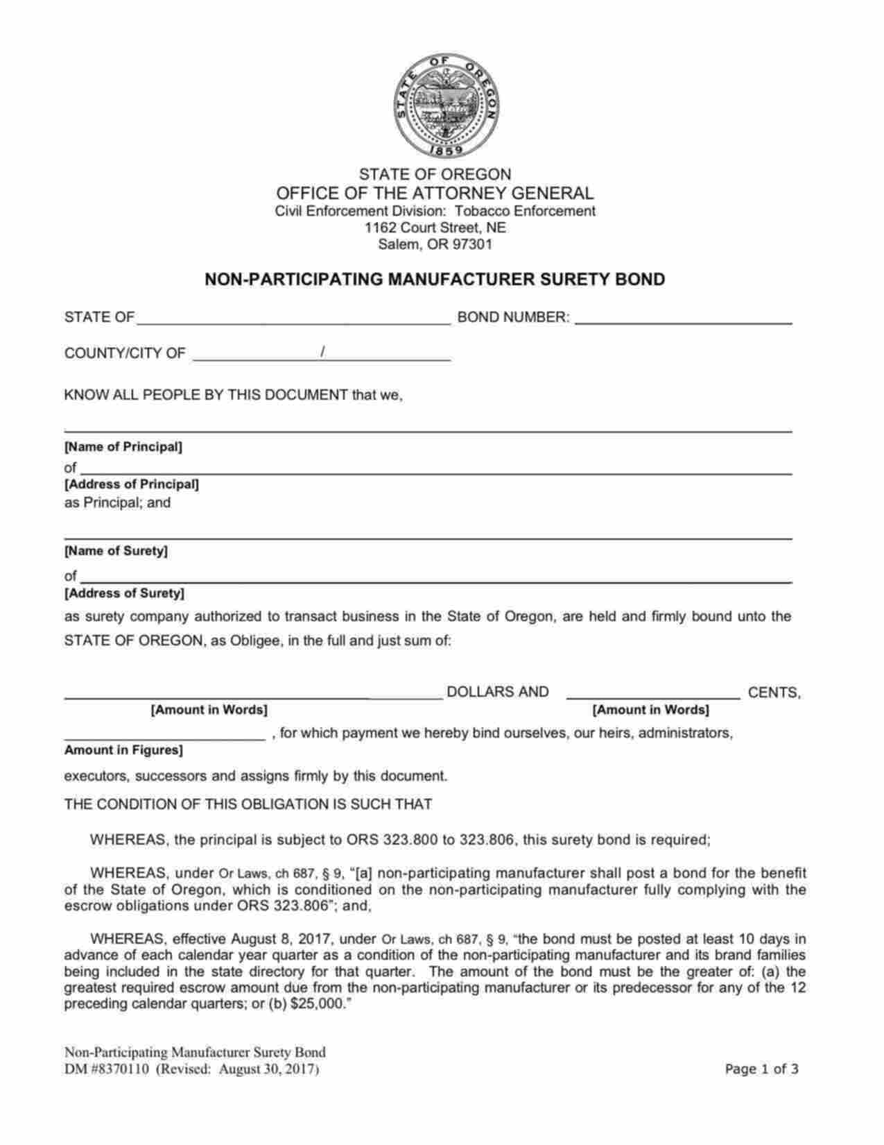 Oregon Non-Participating Manufacturer Bond Form