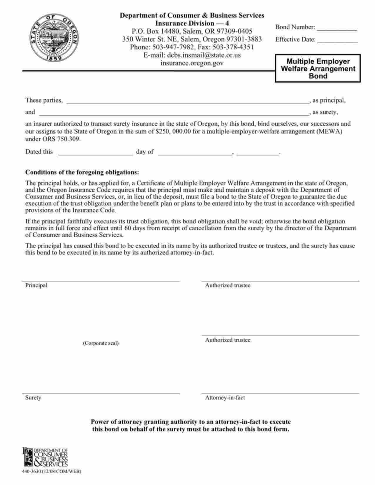 Oregon Multiple Employer Welfare Arrangement Bond Form