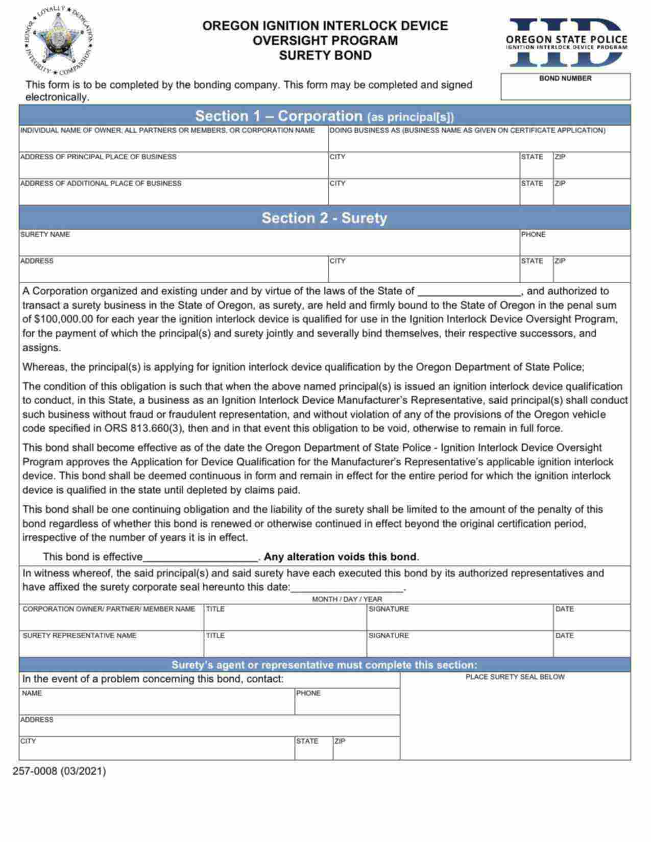 Oregon Ignition Interlock Device Oversight Program Bond Form