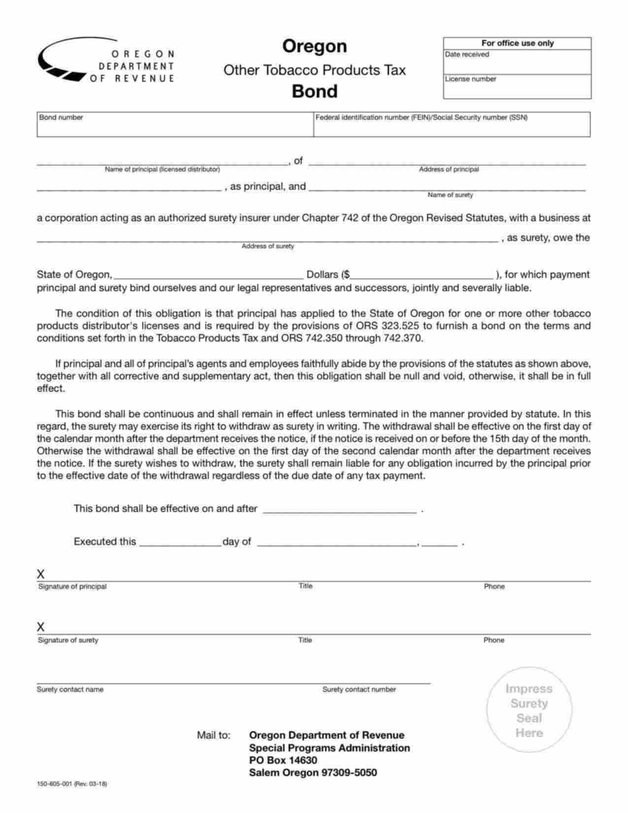 Oregon Other Tobacco Products Tax Bond Form