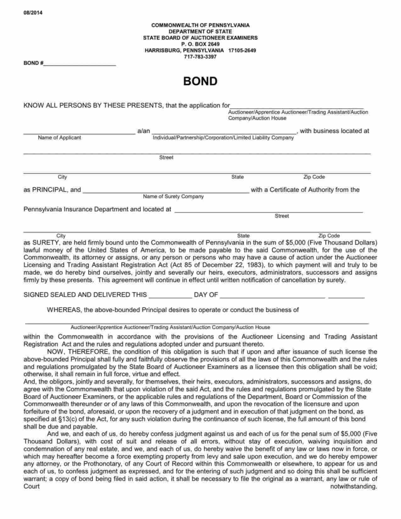Pennsylvania Auction House Bond Form