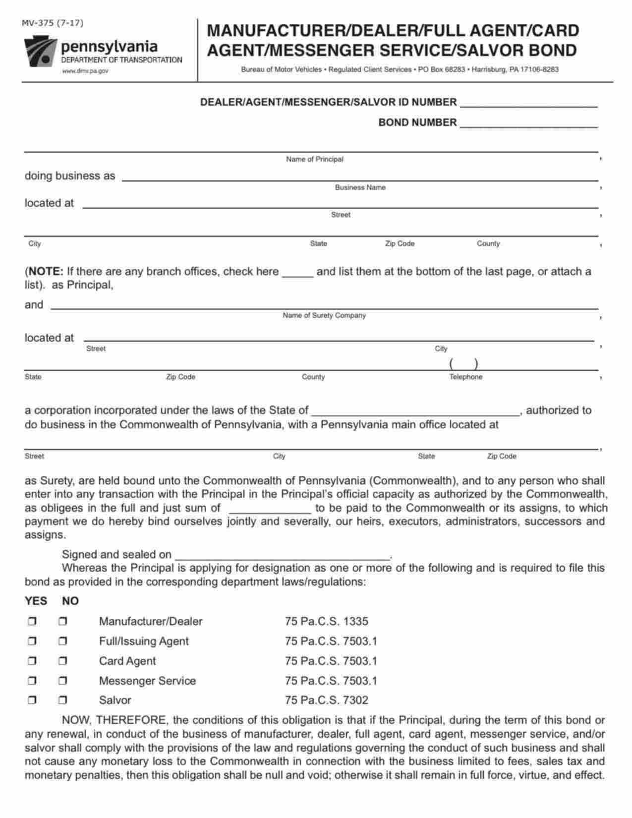 Pennsylvania Manufacturer/Dealer Bond Form