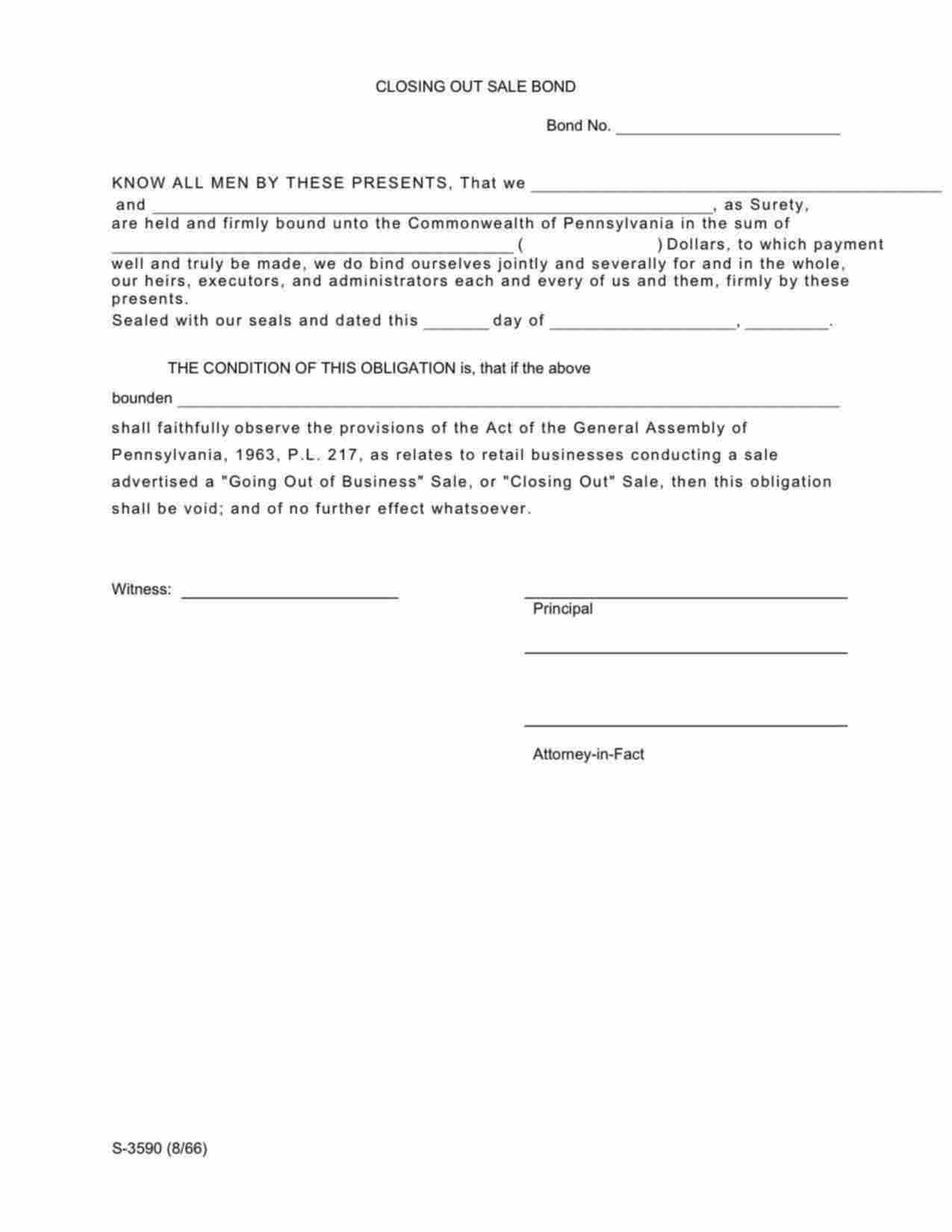 Pennsylvania Closing Out Sale Bond Form