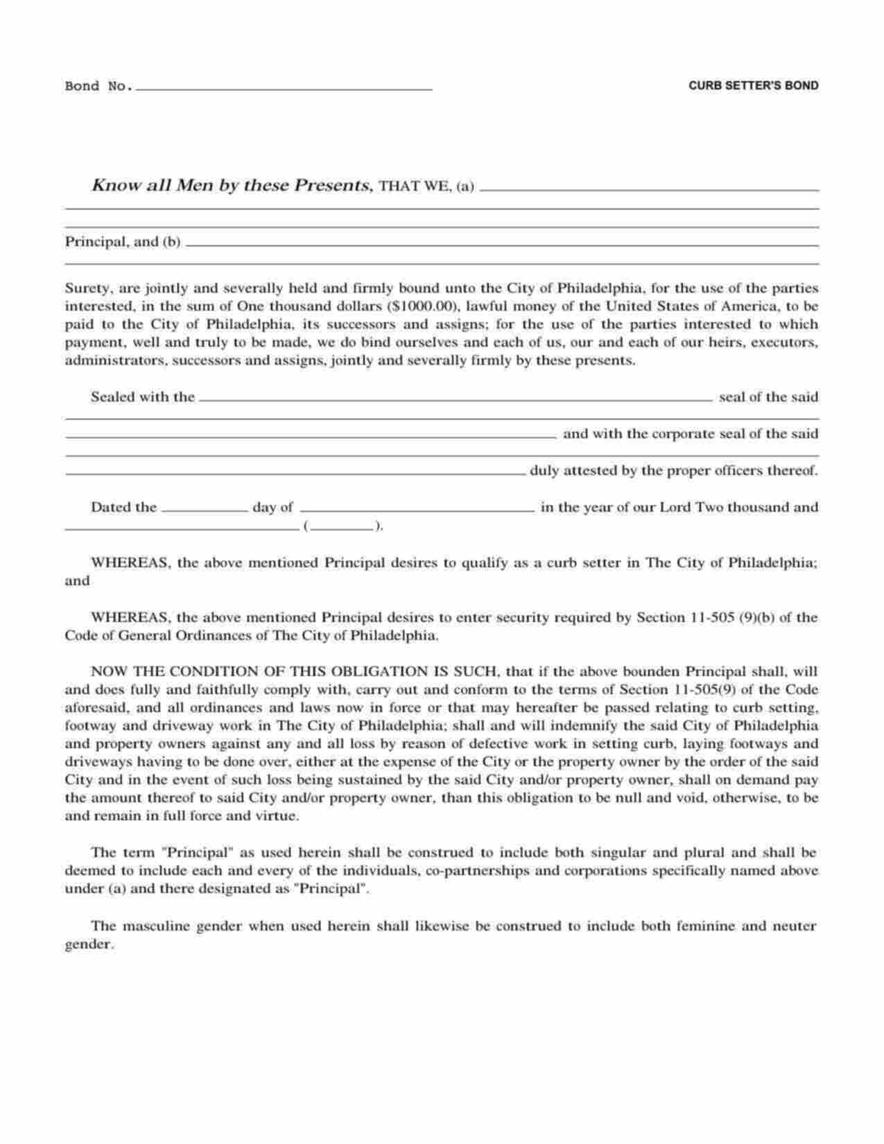 Pennsylvania Curb Setter Bond Form