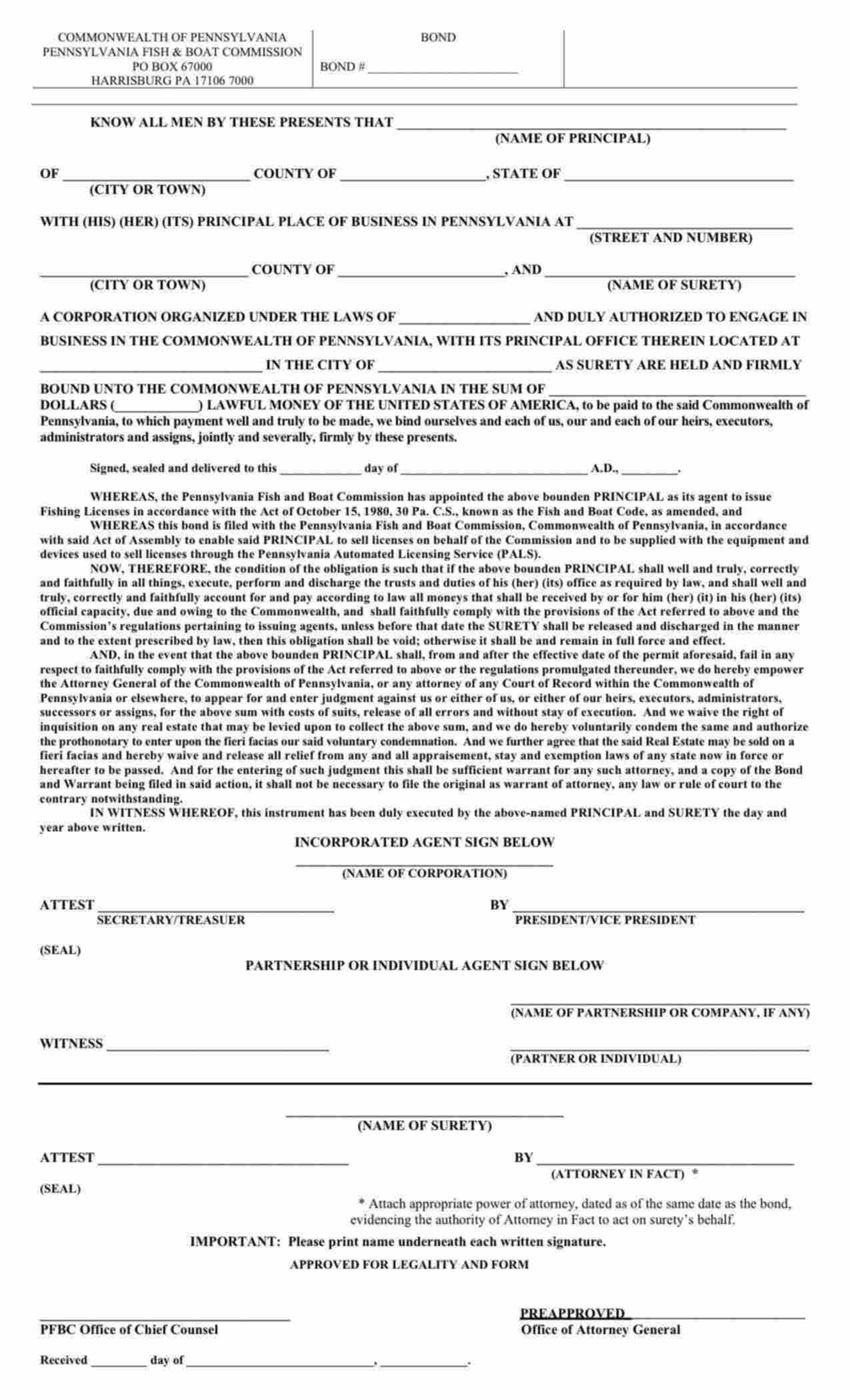 Pennsylvania Fishing License Agent Bond Form