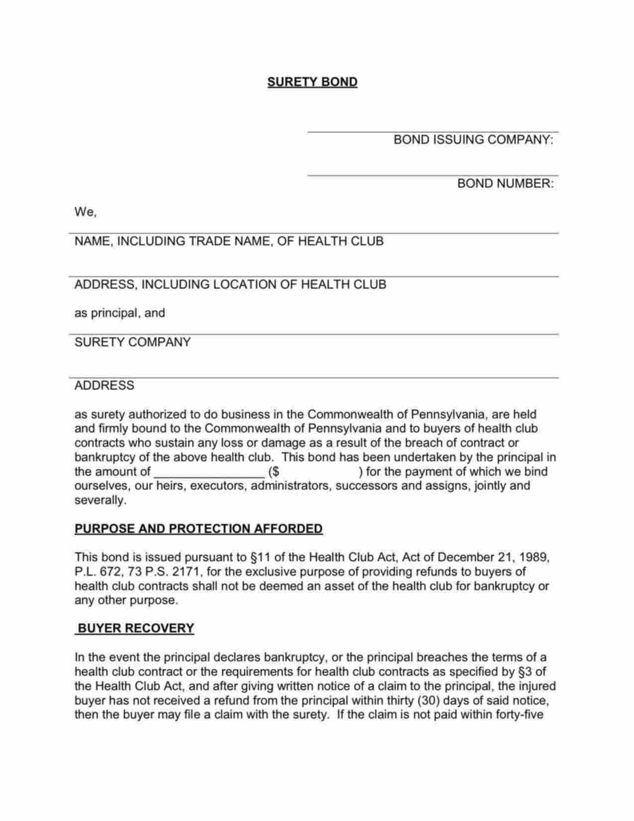 Pennsylvania Health Club Bond Form