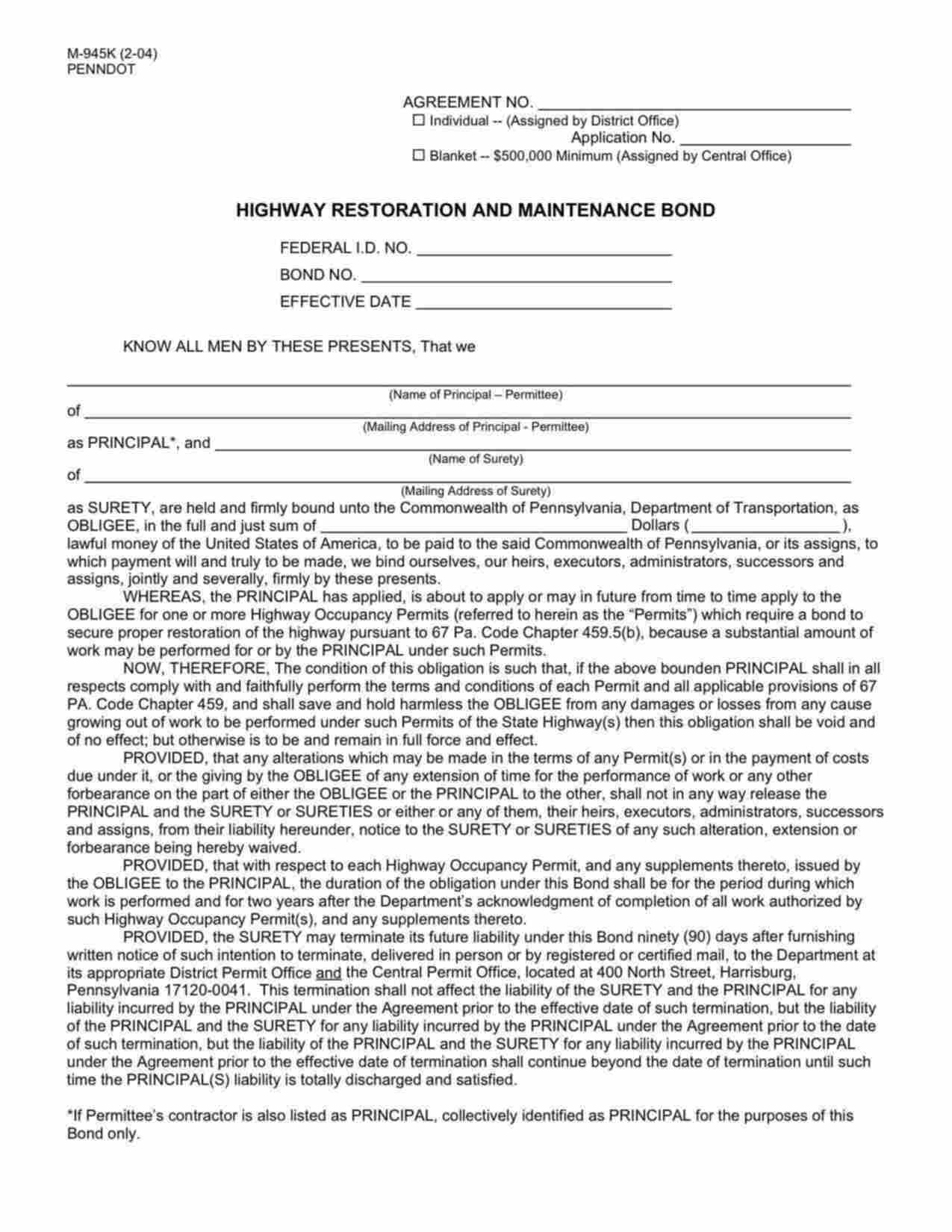 Pennsylvania Highway Restoration and Maintenance - Individual (M-945K) Bond Form