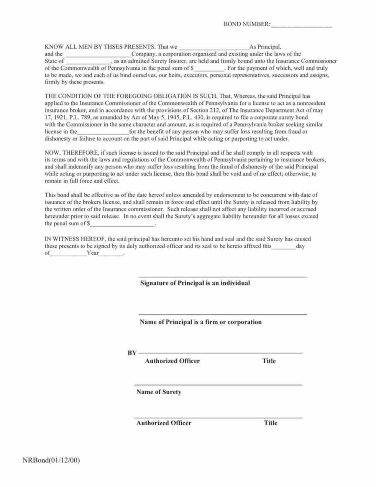 Pennsylvania Nonresident Insurance Broker Bond Form