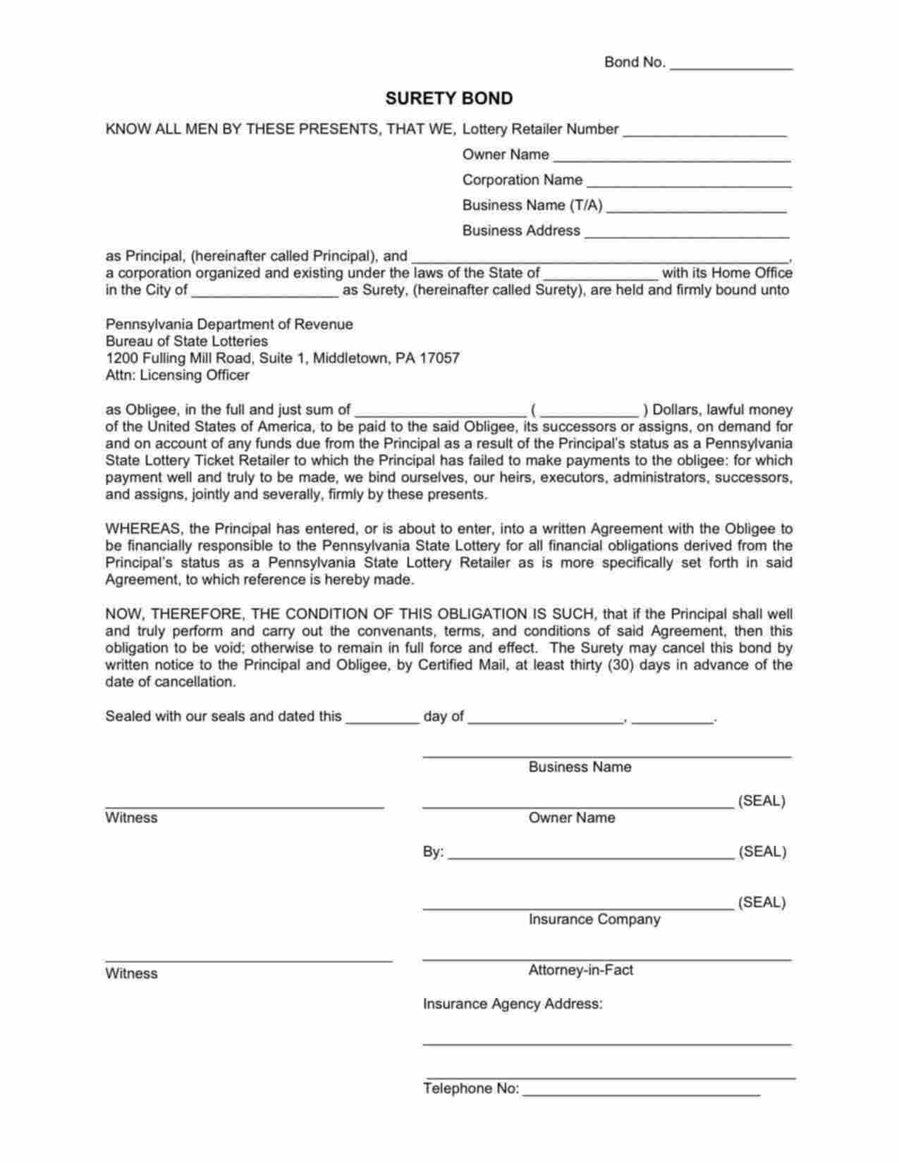 Pennsylvania Lottery Retailer Bond Form