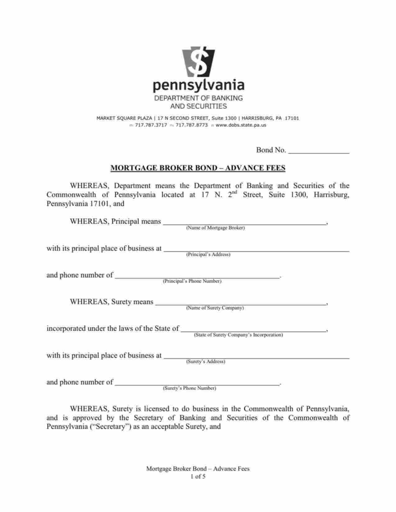 Pennsylvania Mortgage Broker Bond Form