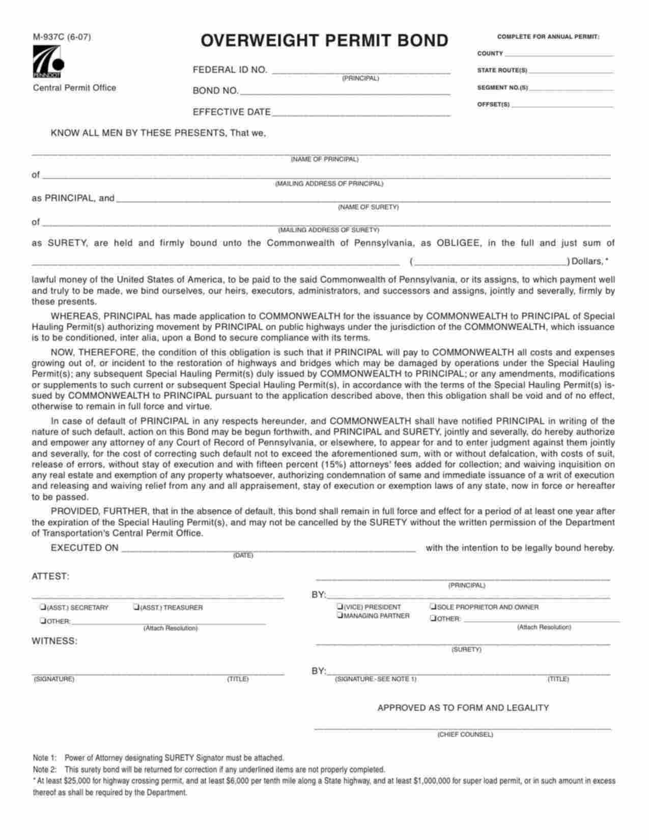 Pennsylvania Overweight Permit (M-937C) Bond Form