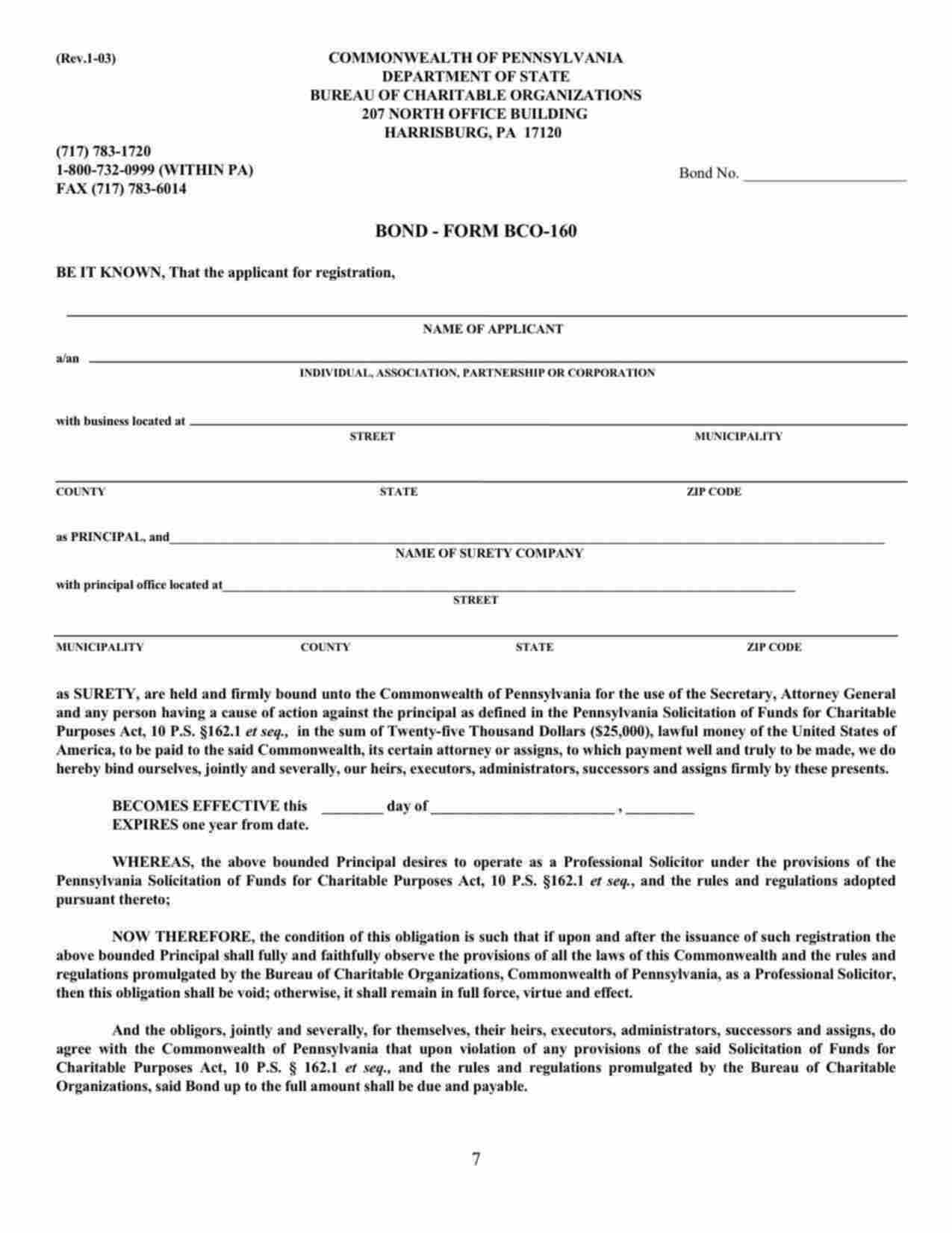 Pennsylvania Professional Fund Raiser Bond Form