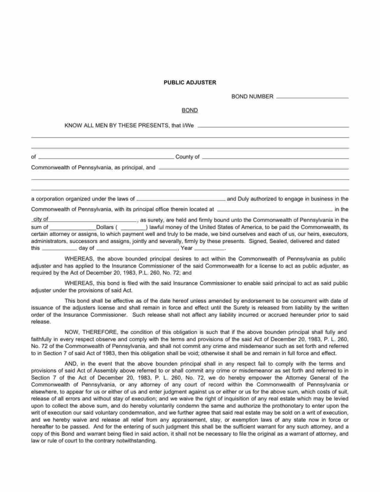 Pennsylvania Public Adjuster Bond Form